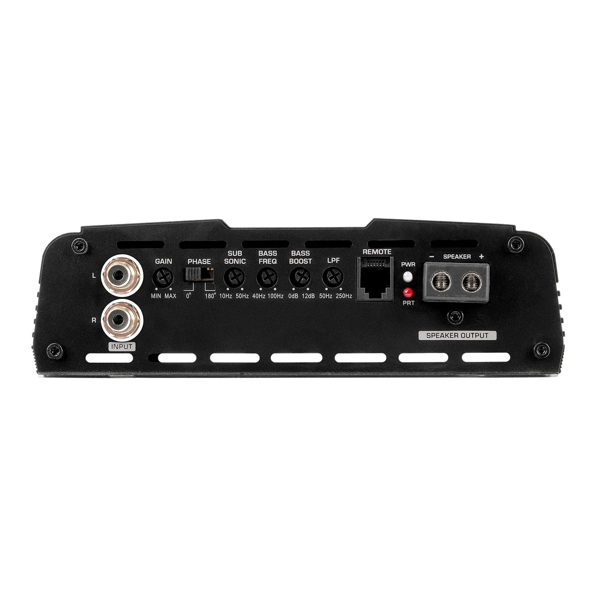 Audiopipe class D car amplifier, rear input controls with gain and speaker output