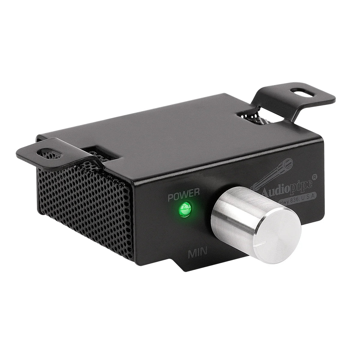 Audiopipe monoblock class D amplifier, black power knob and front grille vent