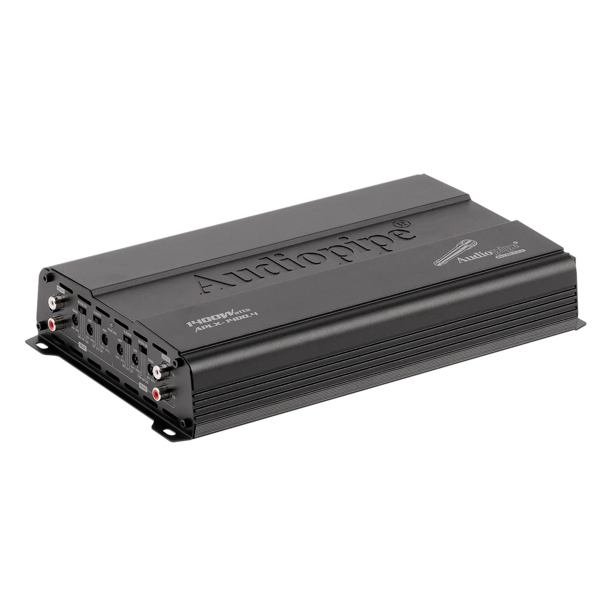Black 4-channel Class A/B MOSFET amplifier with heatsink fins and terminal plugs on side