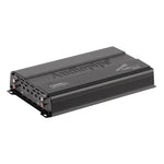 Black 4-channel Class A/B MOSFET amplifier with heatsink fins and terminal plugs on side