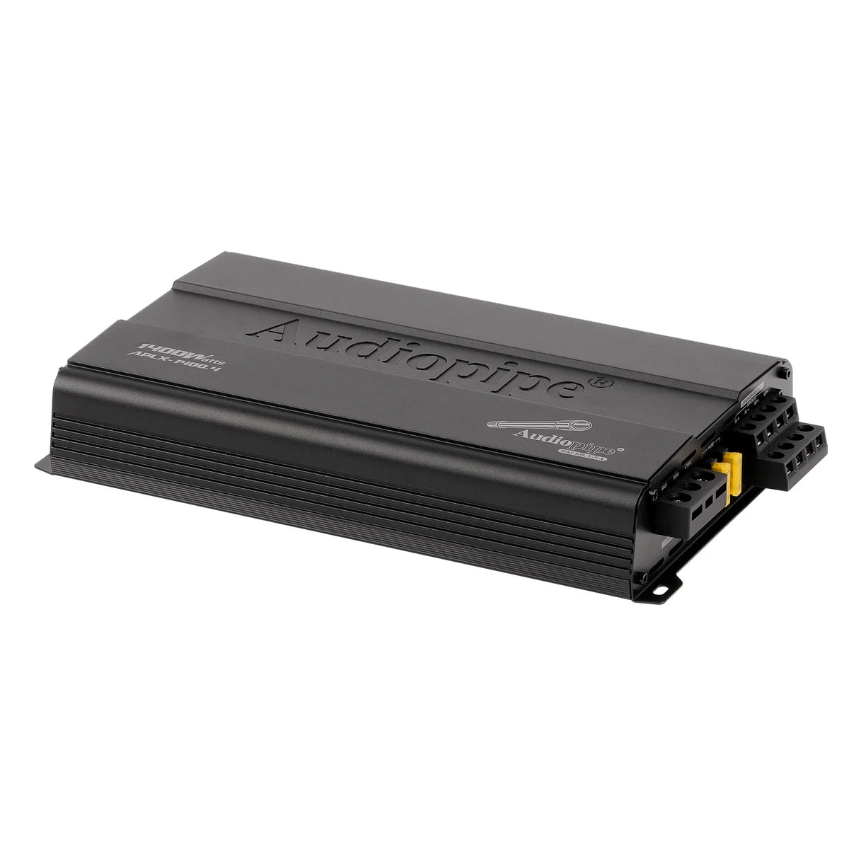 Black 4-channel Class A/B MOSFET amplifier with power/connection side ports and branding