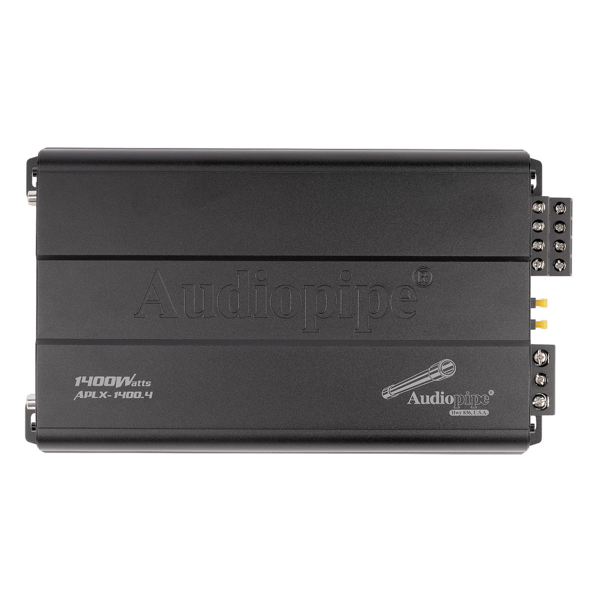 Front view of black 4-channel Class A/B MOSFET amplifier with brand and power rating