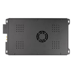 Rear panel of black 4-channel Class A/B MOSFET amplifier with fan grille and vent holes
