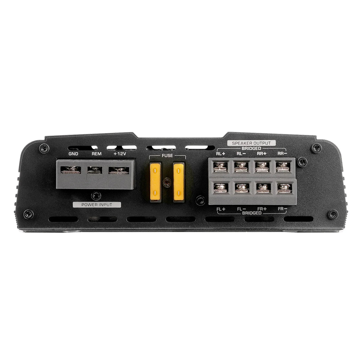 Rear connections panel of black 4-channel Class A/B MOSFET amplifier with input and output ports