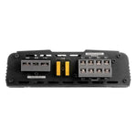 Rear connections panel of black 4-channel Class A/B MOSFET amplifier with input and output ports