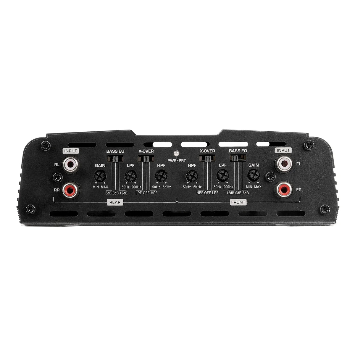 Control panel of black 4-channel Class A/B MOSFET amplifier with gain and crossover knobs