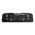 Control panel of black 4-channel Class A/B MOSFET amplifier with gain and crossover knobs