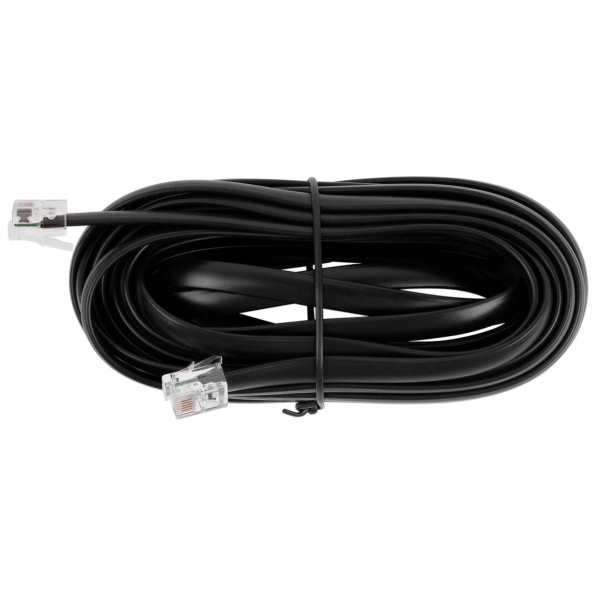 Black audio connection cable with two RJ-style connectors and tie wraps