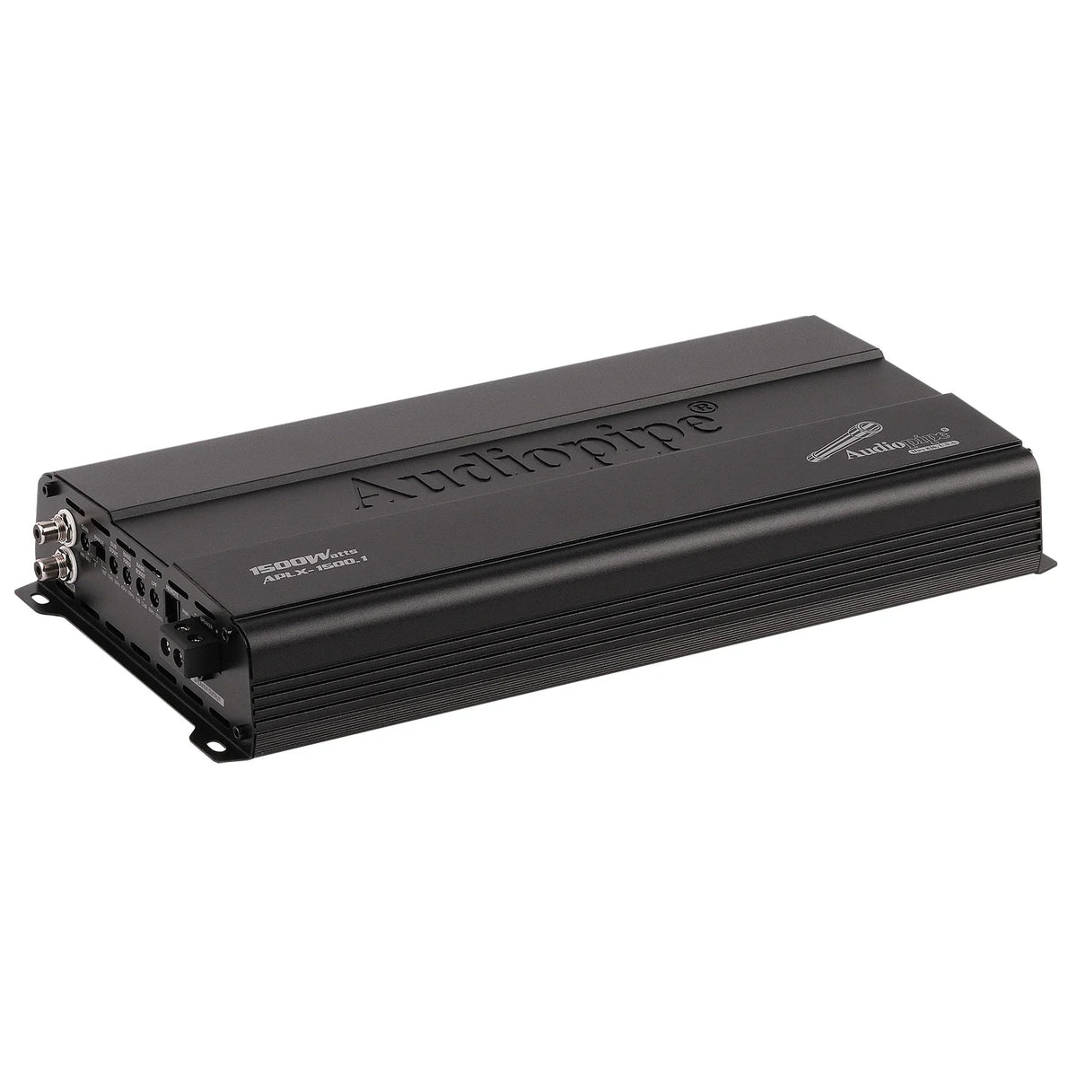 Black monoblock amplifier with heatsink fins and side power connectors