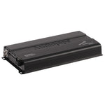 Black monoblock amplifier with heatsink fins and side power connectors