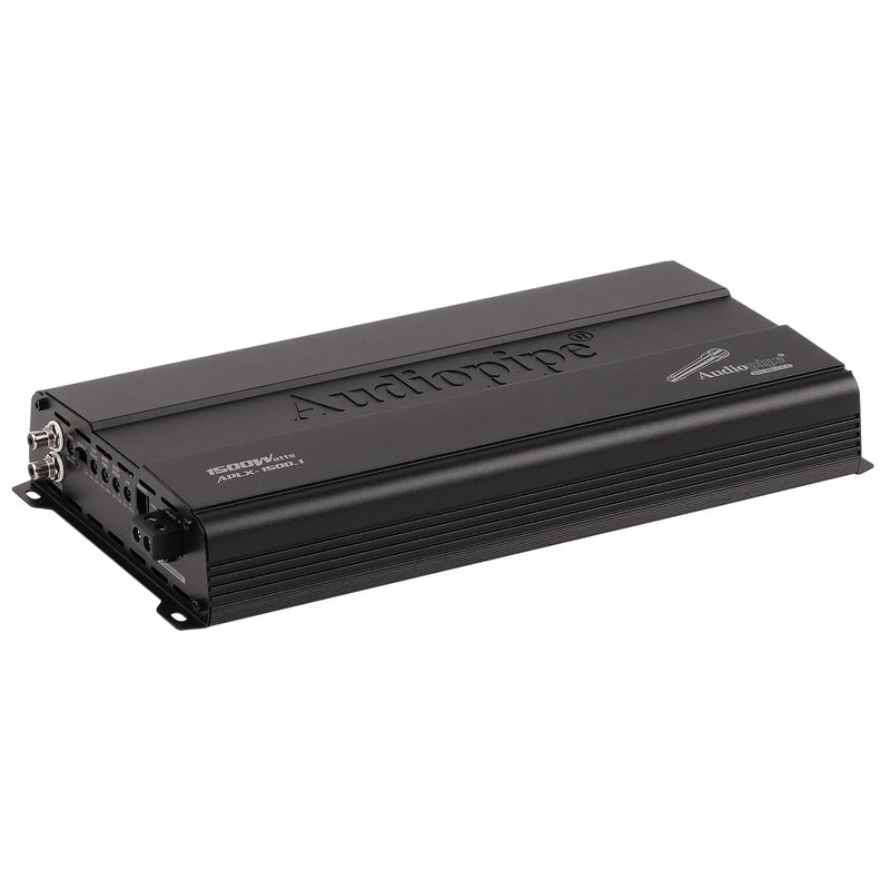 Black monoblock amplifier with heatsink fins and side power connectors
