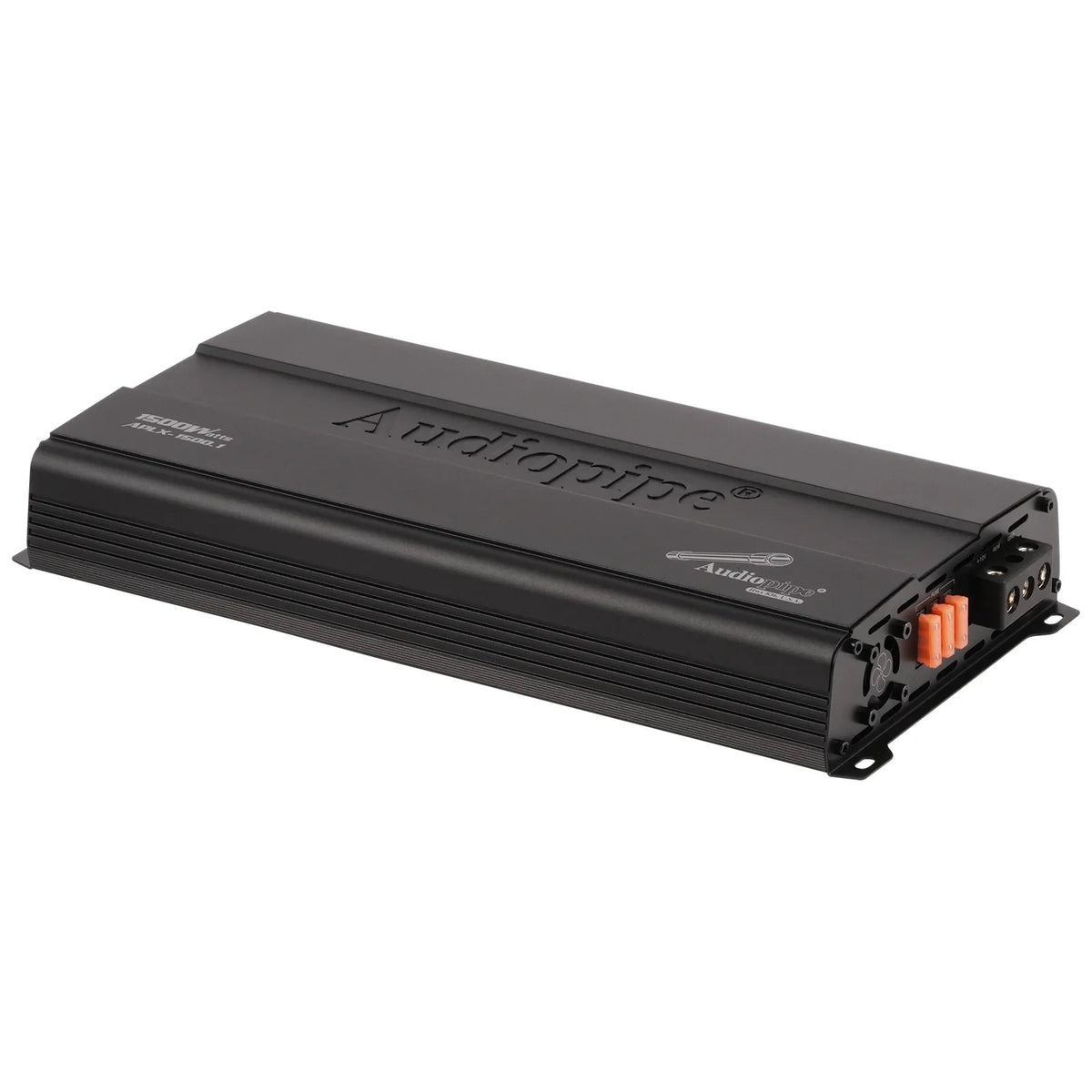 Black monoblock amplifier end panel with terminals and orange switch
