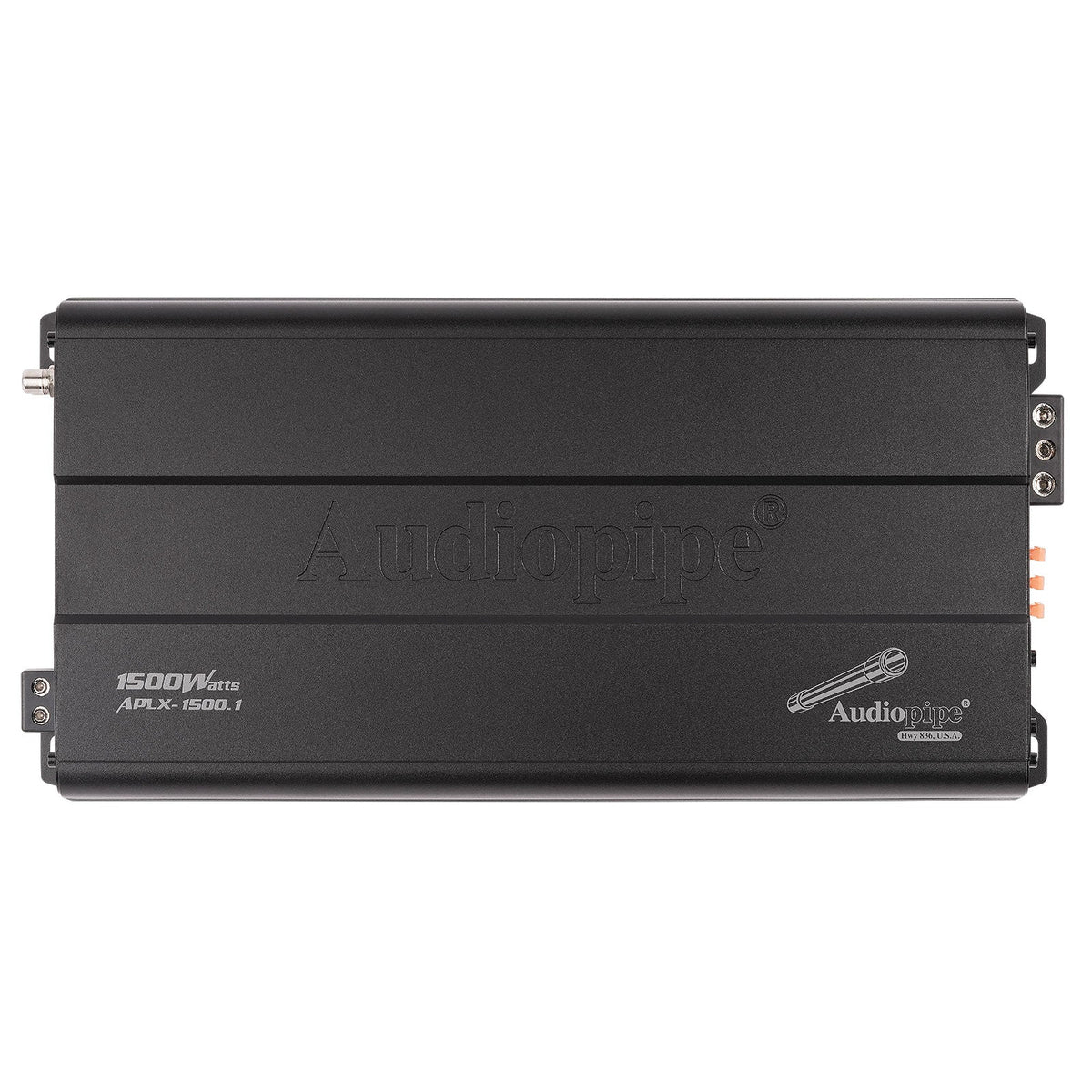 Black monoblock amplifier with Audiopipe branding and 1500W APLX-1500.1 marking