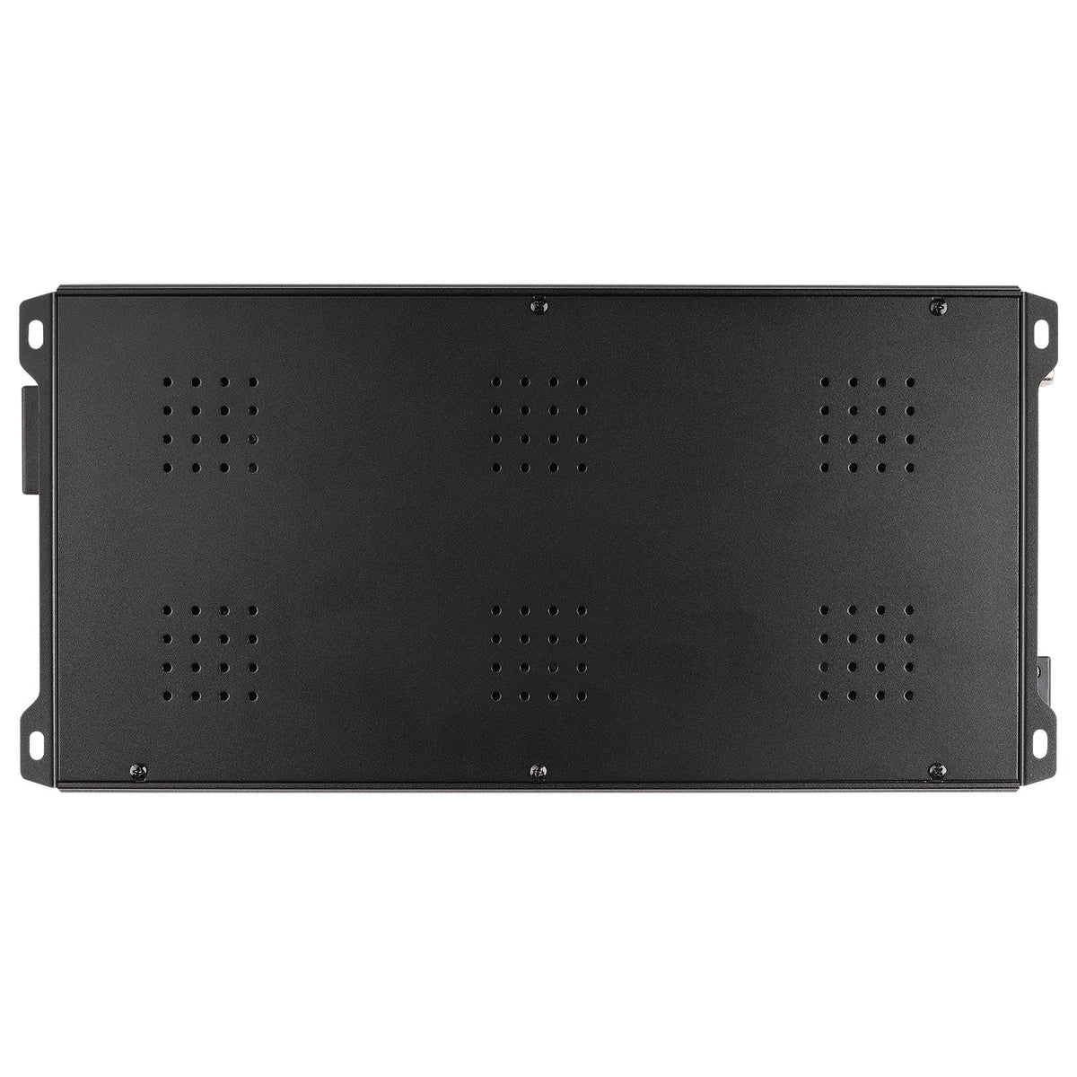 Black monoblock amplifier rear with vented metal plate and mounting brackets