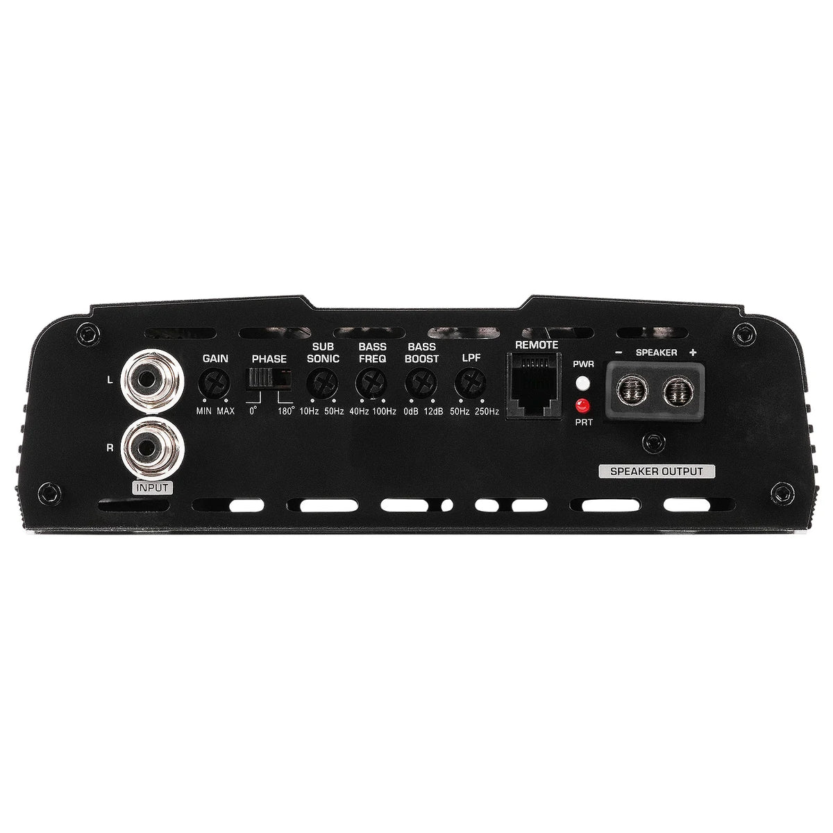 Monoblock amplifier top controls with gain/phase knobs and RCA inputs