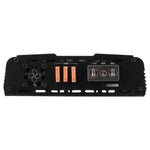 Monoblock amplifier rear power and speaker terminals with fuse and status labels