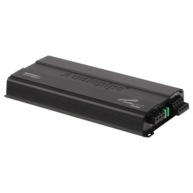 Audiopipe APLX-2200.4 car amplifier with front ports, black ribbed body