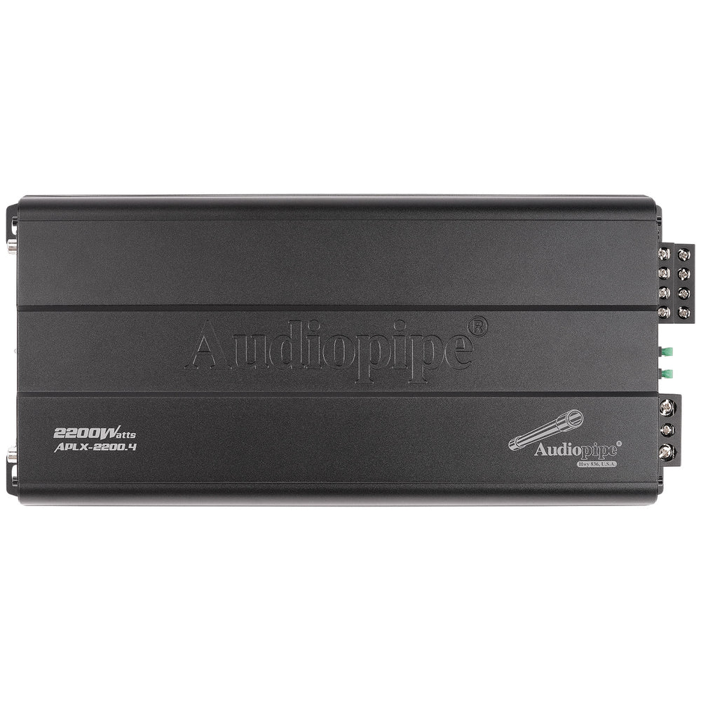 Audiopipe APLX-2200.4 amplifier front panel with logos and wiring connectors