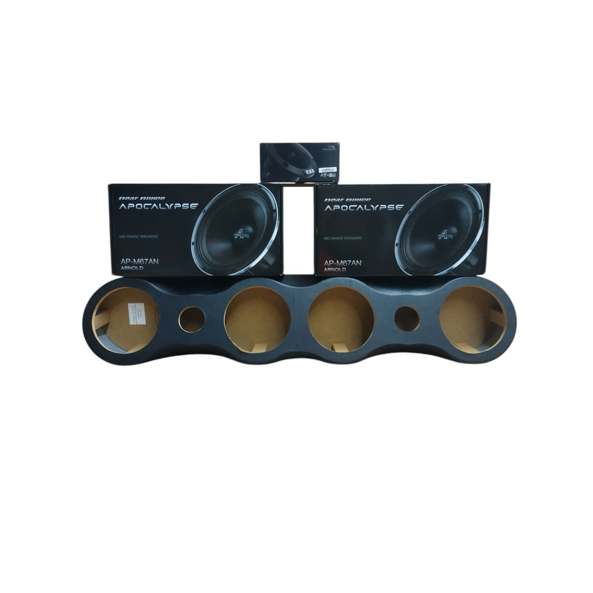Car audio speaker mount kit with four round openings and two boxed speaker units
