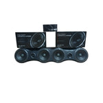 Car audio speaker bar with four round black speaker drivers and center module