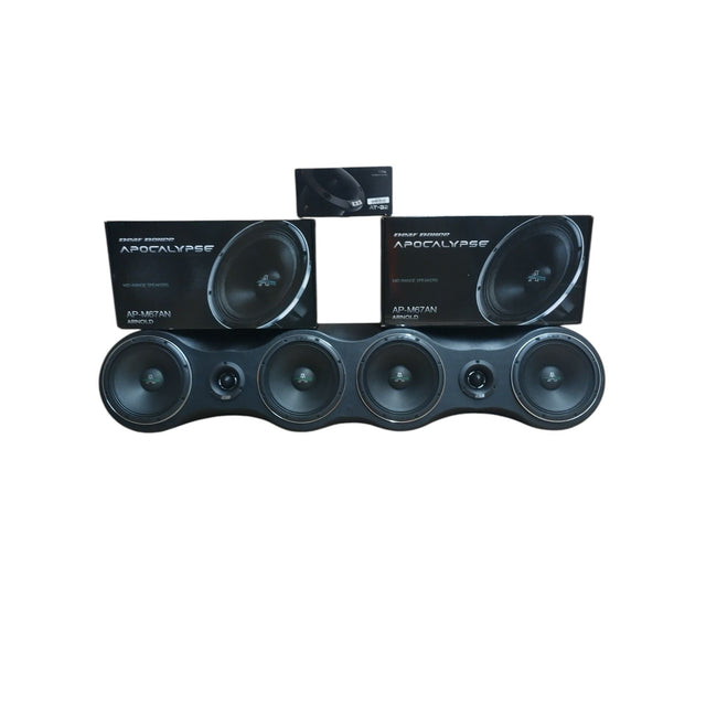 Car audio speaker bar with four round black speaker drivers and center module
