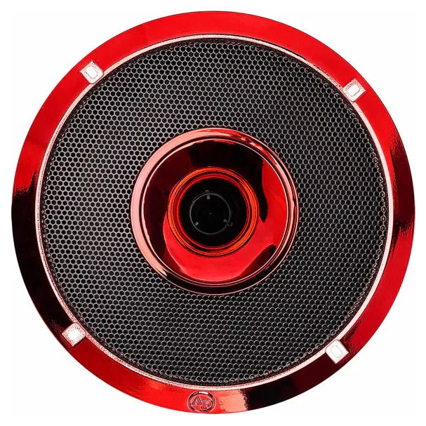 Red and black midrange speaker grille with central circular driver module