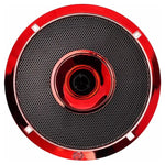Red and black midrange speaker grille with central circular driver module