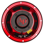 Back view of red midrange speaker with black plate, screws, and yellow label