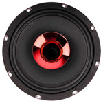 Black midrange speaker with red metal center cap and mounting screws