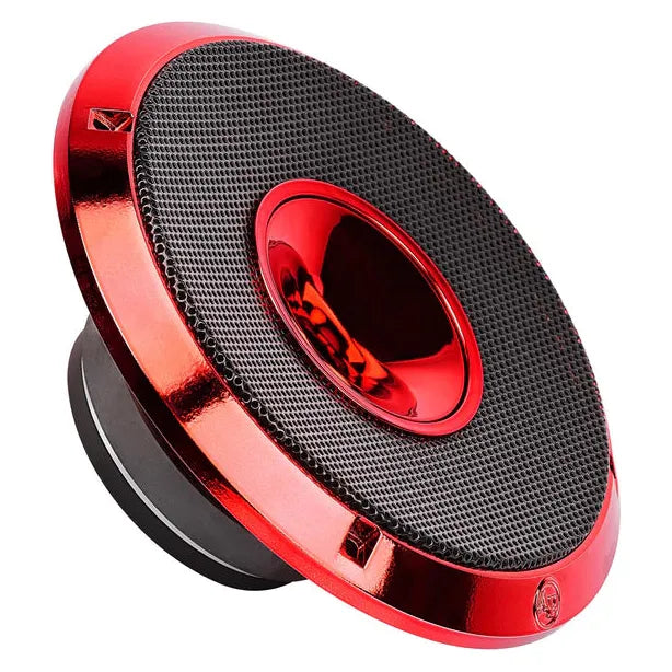 Red compression horn midrange speaker with black mesh and circular driver