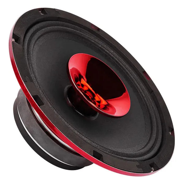 Black cone midrange speaker with red trim and center compression driver