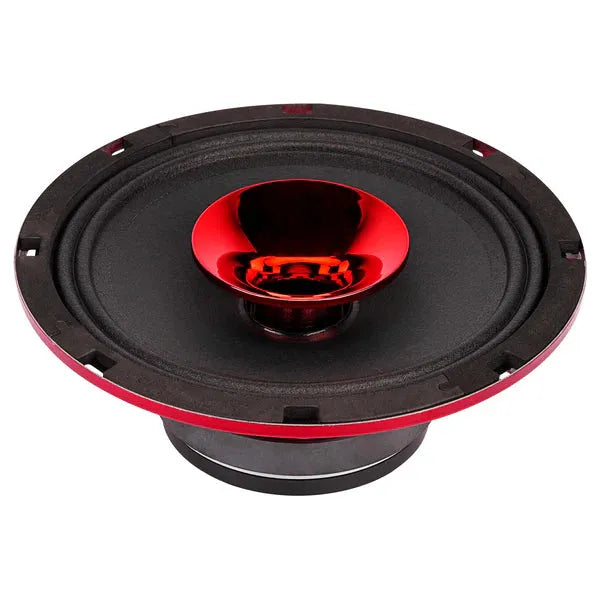 Black midrange speaker cone with red horn throat and mounting frame