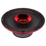 Black midrange speaker cone with red horn throat and mounting frame