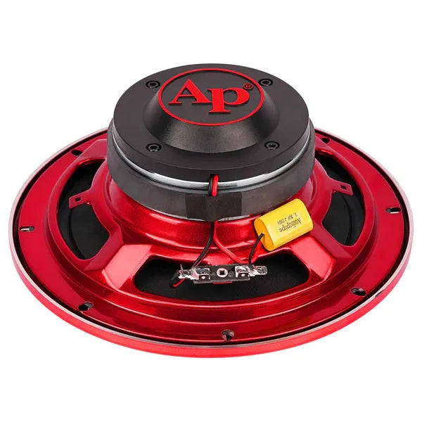 Top view of red midrange speaker with black housing and AP logo on center