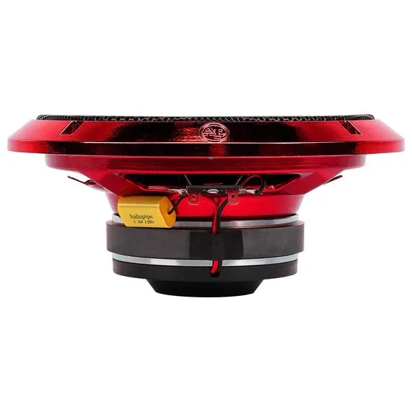 Side view of red midrange compression speaker showing rear mounting and wiring