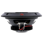 6.5-inch car audio speaker bottom view with black mount tabs and exposed terminals