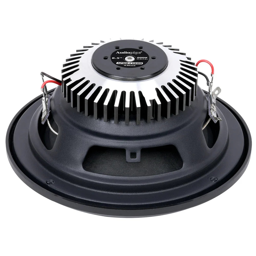 6.5-inch car audio speaker rear view with black cooling fins and red/black wire leads