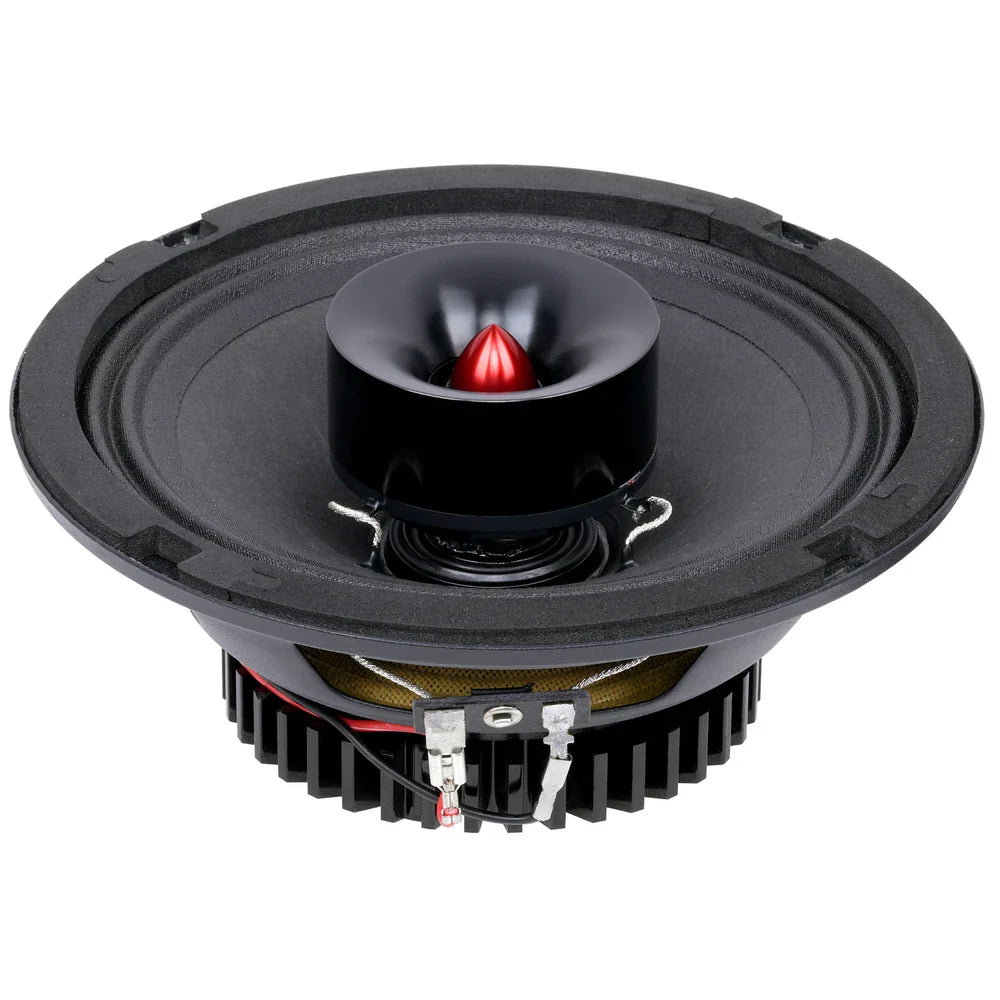 6.5-inch car audio speaker rear view with black cone, red dome, and exposed spring assembly