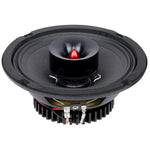 6.5-inch car audio speaker rear view with black cone, red dome, and exposed spring assembly