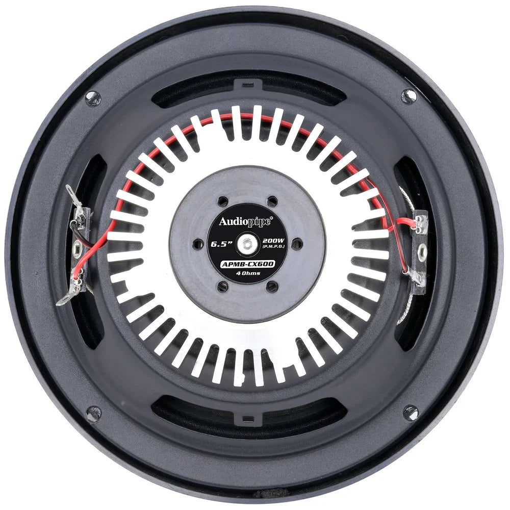 6.5-inch car audio speaker rear plate with label, black cooling fins, and red/gray leads
