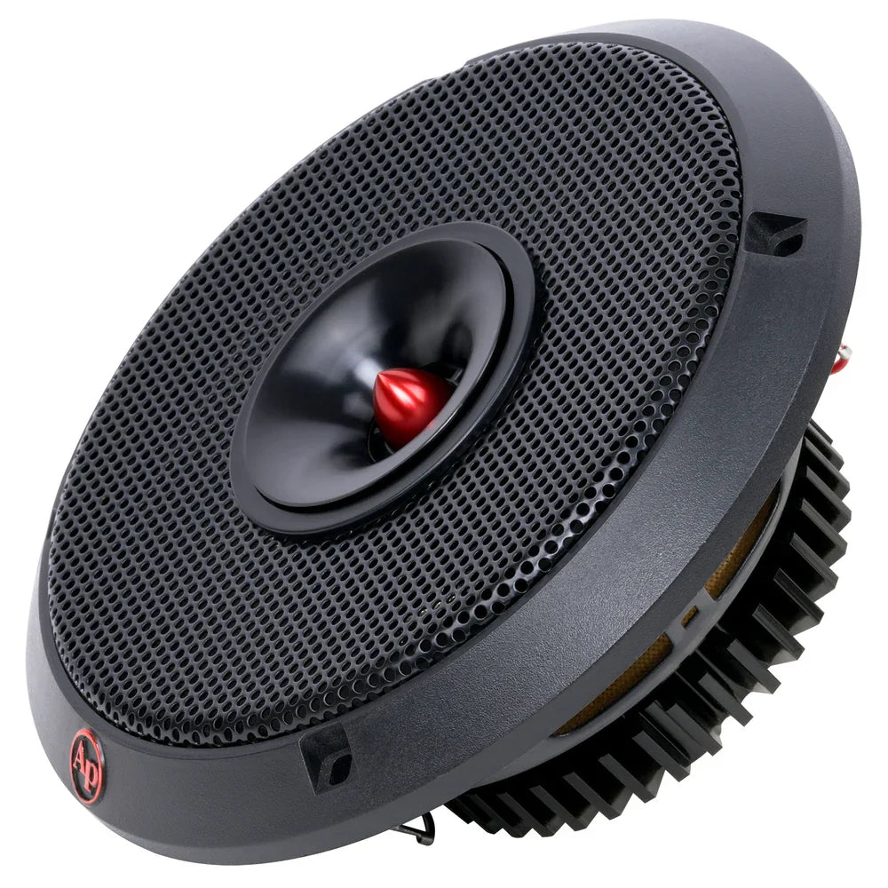 6.5-inch car audio speaker with black mesh grille and red center dome, side angled view