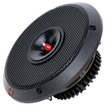 6.5-inch car audio speaker with black mesh grille and red center dome, side angled view