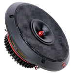 6.5-inch car audio speaker with black mesh grille and red center dome, angled view