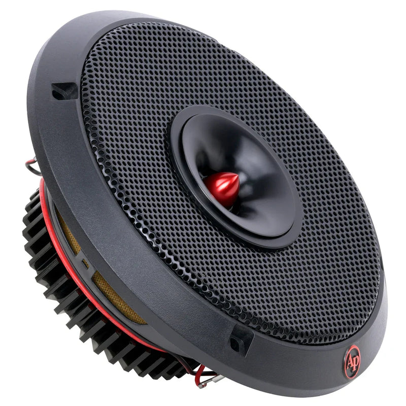 6.5-inch car audio speaker with black mesh grille and red center dome, angled view