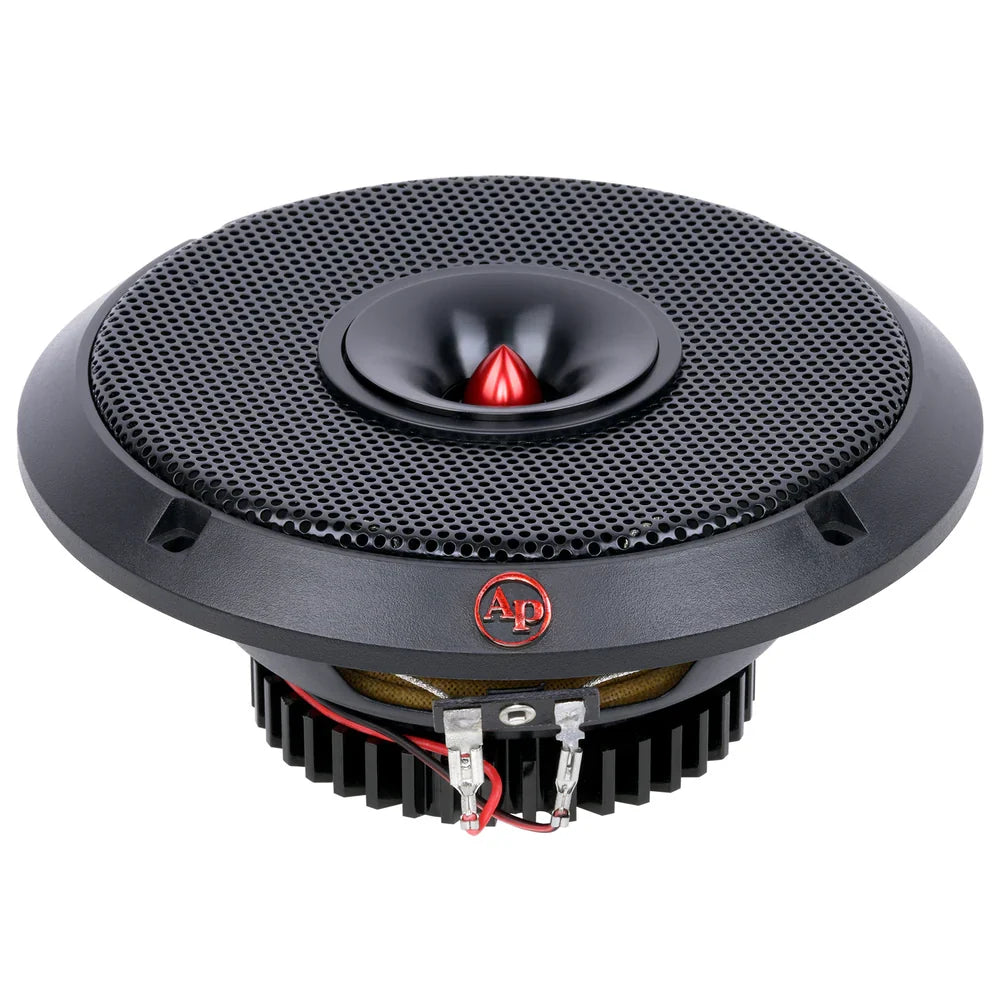 6.5-inch car audio speaker top view with black cone, red center dome, visible wiring