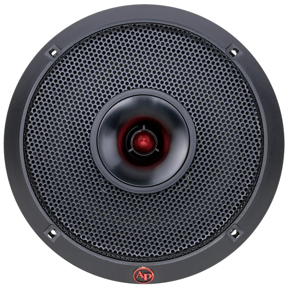 6.5-inch car audio speaker front view with black metal grille and red center dome
