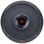 6.5-inch car audio speaker front view with black metal grille and red center dome