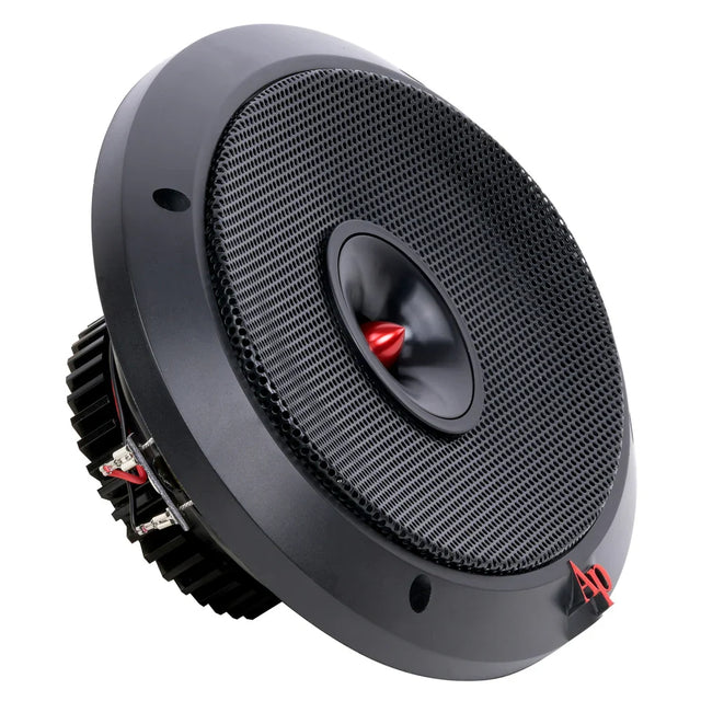 Black speaker with perforated mesh front and red-tipped center driver, angled view