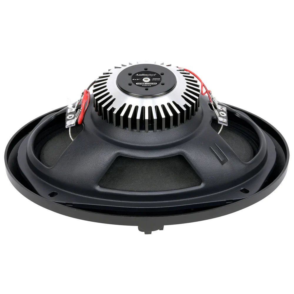 Black car speaker rear with circular heat-sink fins and mount points, front-facing