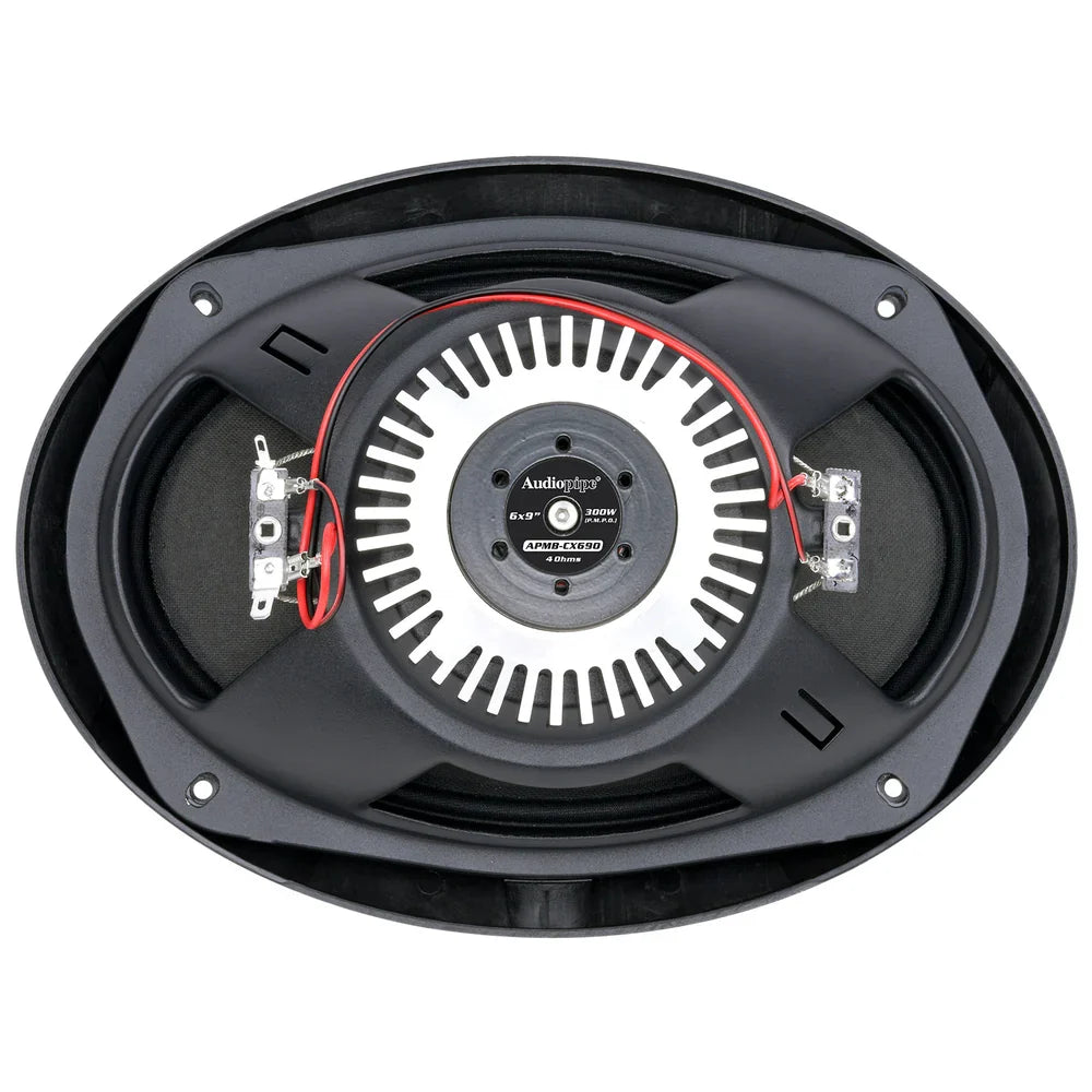 Black speaker from inside with metal grille, wiring terminals, and red-accent coils